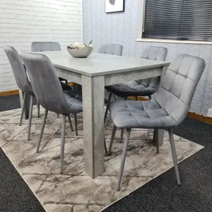 Dining Table Set Of 6, Grey Kitchen Dining Table and 6 Grey Tufted Velvet Chairs