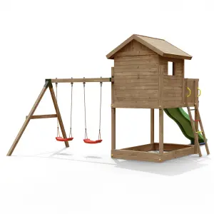 Galaxy play equipment with double swings, slide and raised playhouse