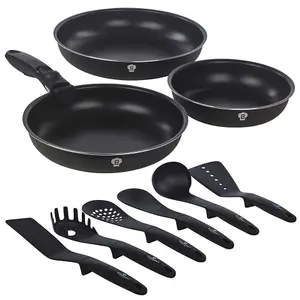 BLAUMANN 10 Pcs Black Matt Colour Aluminium Induction Space Saving Cookware Frying Pan Set Detachable Handle with 6 Tools