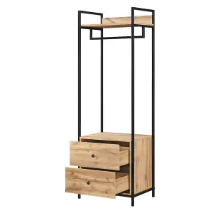 Alva Pair of Double Open Wardrobes with 2 Drawers 4 Shelves Oak Clothes Rail