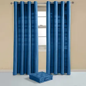 Homescapes Cotton Rajput Ribbed Blue Curtain Pair, 66 x 72" Drop