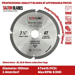 Saxton PCD1904T PCD Circular Saw Blade, 190mm x 4 Teeth Polycrystalline Diamond Tipped Fibre Cement Board, Hard Materials