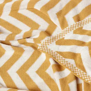 Homescapes Mustard Chevron Cotton Knitted Throw, 130 x 170 cm