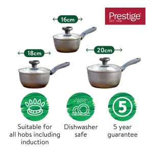 Prestige Earth Pan Grey Round Aluminium Induction Suitable Eco-Friendly Covered Saucepan Set Pack of 3