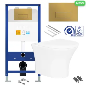 Bubly Bathrooms™ Rimless Wall Hung Toilet & Soft Close Seat with 1.10m Concealed WC Cistern Frame - Brushed Brass Plate