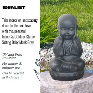 IDEALIST™ Buddha Statue 13.8 Inch Tall, Grey Reinforced Stone Sitting Baby Monk Figurine for Home and Garden L20 W17 H35 cm