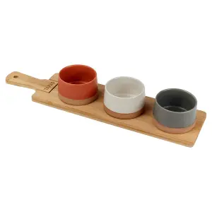 URBNLIVING 4 Pc Stoneware Serving Condiment Sets Snack Dishes Bamboo Paddle Platter