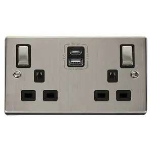 Stainless Steel 2 Gang 13A DP Ingot Type A & C USB Twin Double Switched Plug Socket - Black Trim - SE Home