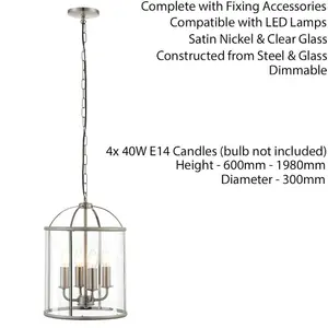 4 Light Hanging Ceiling Pendant Nickel & Glass Lantern Shade Lamp Bulb Holder