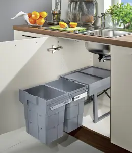 Grey Plastic Pull Out Waste Bin for Hinged Door Cabinets, 2 x 16 Litre Capacity, Ideal for Sink Base Units