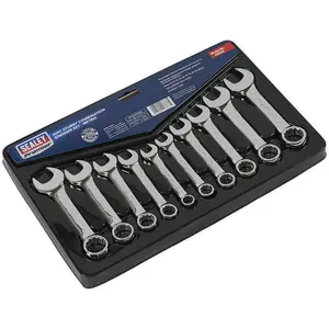 10-Piece Stubby Combination Spanner Set - 10mm to 19mm - 12 Point Short Handled Ring Tools