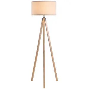 HOMCOM Wood Tripod Floor Lamp Home Lighting Elegant E27 Bulb Linen Shade Beige