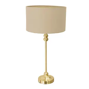 ValueLights Maggie Gold Metal Candlestick Slim Table Lamp with Natural Fabric Drum Lamp Shade and LED Bulb