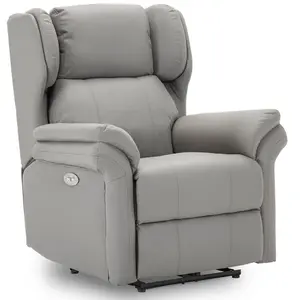 Electric Powered Recliner Chair With Wingback Design And USB Charger Port In Grey Bonded Leather