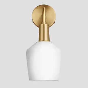 Industville Sleek Opal Glass Schoolhouse Wall Light, 5.5 Inch, White, Brass Holder