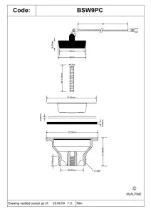 McAlpine BSW9PC Centre Pin Bath Waste 70mm Stainless Steel Flange Black PVC Plug