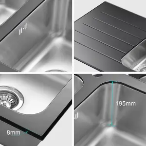 JASSFERRY Glossy Black Glass Top Kitchen Sink Stainless Steel 1.5 Bowl Left Hand Drainer