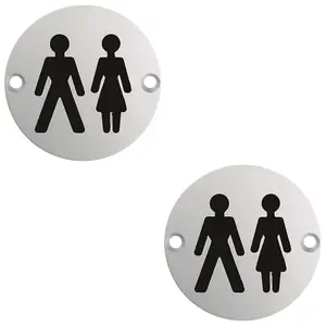 2 PACK - Bathroom Door Unisex Symbol Sign 64mm Fixing Centres 76mm Dia Satin Steel