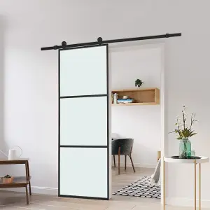 3 Lite Panel Modern Black Glass and Aluminum Sliding Barn Door Internal Door with 6ft Hardware Kit