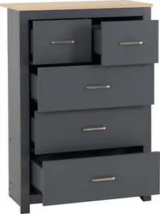 Portland 5 Drawer 3 and 2 Chest in Grey with Oak Effect Finish