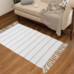 Hand Woven White Stripes Rug, (L)80cm