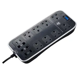 Masterplug Surge Black 8 socket Extension lead with USB, 2m