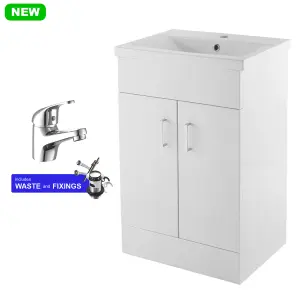 600mm Bathroom Vanity Unit White Cloakroom Basin Sink Cabinet & Chrome Tap Set