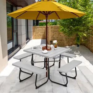 Costway 8 person Square Picnic Table Bench Set Outdoor Circular Table W/ 4 Benches & Umbrella Hole, Grey