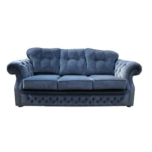 Chesterfield 3 Seater Denim Blue Fabric Sofa Settee Bespoke In Era Style