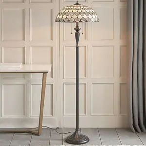 1.5m Tiffany Twin Floor Lamp Dark Bronze & Retro Stained Glass Shade i00025