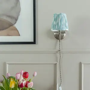 ValueLights Neely Plug in Brushed Chrome Easy Fit Wall Light with Blue Pleated Fabric Tapered Lampshade - Bulb Included