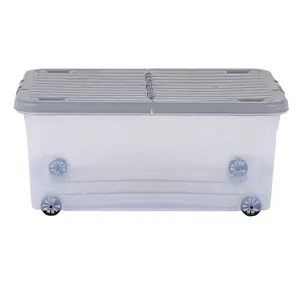 3 x Wham 30L Stackable Plastic Storage Box with Wheels & Folding Lid Clear/Cool Grey