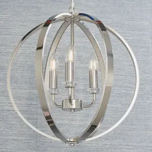 Anson Lighting Torlea 3lt Pendant light finished in Bright nickel plate and clear faceted acrylic