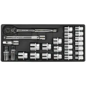 26 Piece Premium 1/2 Inch Drive Socket Set with Modular Tool Tray for Organized Storage