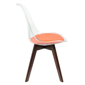 Soho Clear and Orange Plastic Dining Chair with Squared Dark Wood Legs