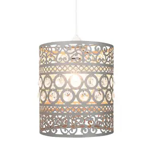 Traditional and Ornate Grey Easy Fit Pendant Shade with Clear Acrylic Droplets