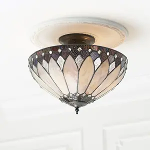 Tiffany Glass Semi Flush Ceiling Light Cream Bronze Round Inverted Shade i00158