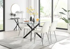 Furniturebox UK Leonardo Black Leg Glass Dining Table & 4 Cream Pesaro Silver Leg Chairs