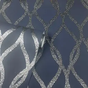 Arthouse Sequin Trellis Navy Silver Glitter Metallic Effect Wallpaper Modern Feature Wall Wallpaper - 921804