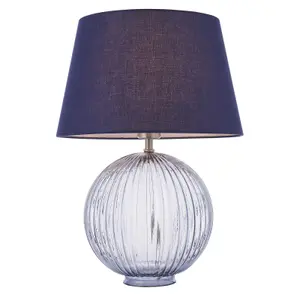 Table Lamp Smokey Grey Ribbed Glass & Navy Cotton 40W E27 GLS Base & Shade