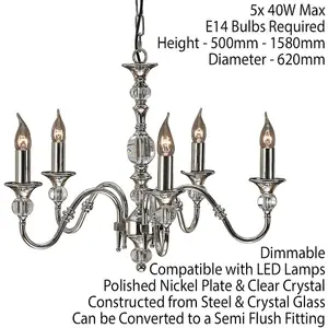 Diana Ceiling Pendant Chandelier Bright Nickel & K9 Crystal Curved 5 Lamp Light