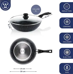 Westinghouse Wok Non Stick - 30cm Induction Wok Pan With Lid - Black Marble