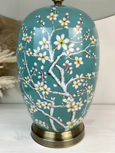 Teal Blossom Ceramic Table Lamp with Pleated Shade