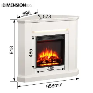 FLAMME Howick Corner Fireplace with 38'' surround with 2kW Fireplace Heater White Multiple Colours Available