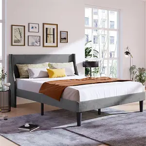 Double Bed Velvet Grey 4FT6 Upholstered Bed with Winged Headboard, Wood Slat Support, Grey