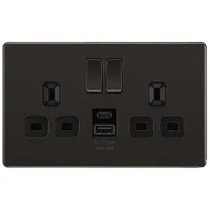 GoodHome Black Nickel Double 13A Flat Switched Screwless Socket with USB, x2 & Black inserts