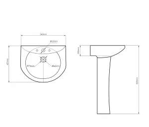 SunDaze Bathroom Cloakroom Full Pedestal 540mm Basin Compact Single Tap Hole Sink