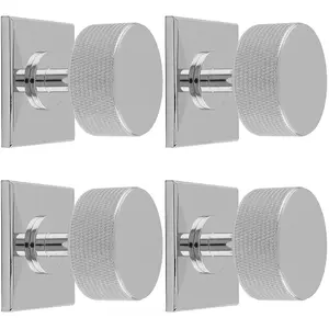 4 PACK - Knurled Radio Cabinet Door Knob & Matching Backplate - Polished Chrome 40 x 40mm