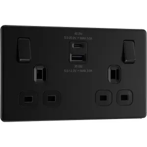 BG Screwless Flatplate Matt Black, 13A Double Switched Socket With USB A + C 45W, Black Inserts