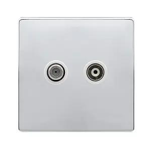 Polished Chrome Screwless Plate Satellite And Isolated Coaxial 1 Gang Socket - White Trim - SE Home